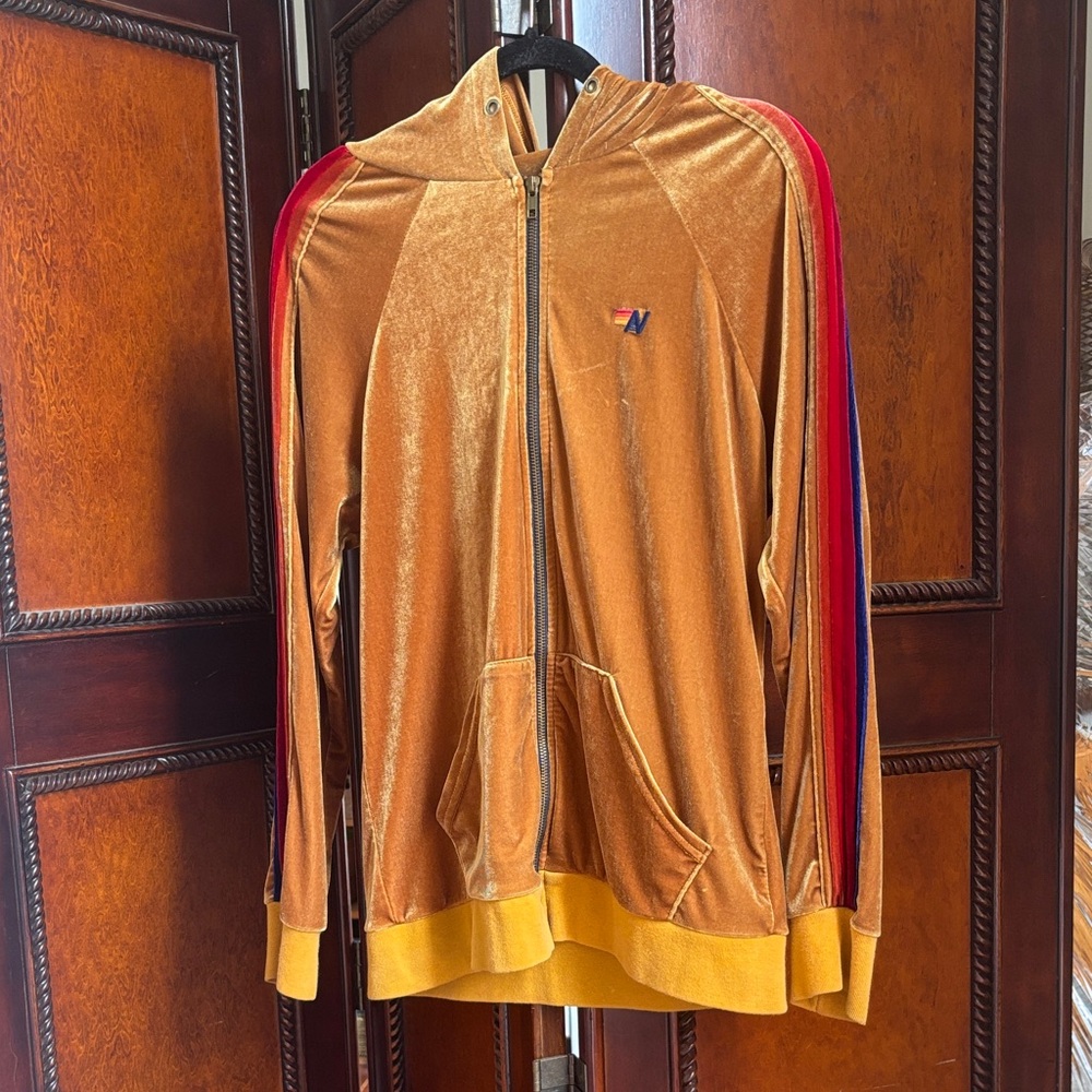 Aviator Nation Gold Velvet Zip Hoodie with Red & Blue Stripe Detail